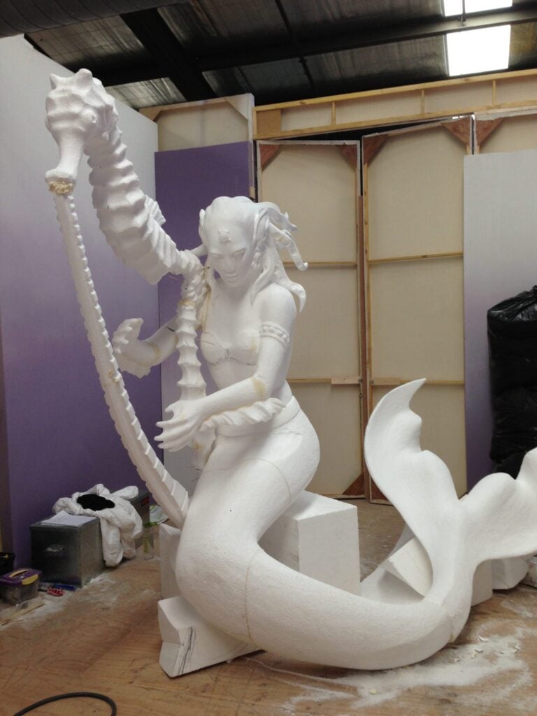 Harp playing mermaid carve in progress