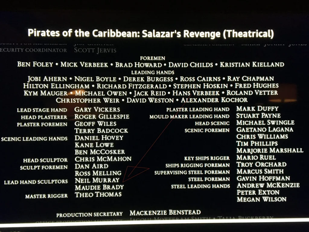 pirates of the caribbean screenshot of the credits Maudie Brady